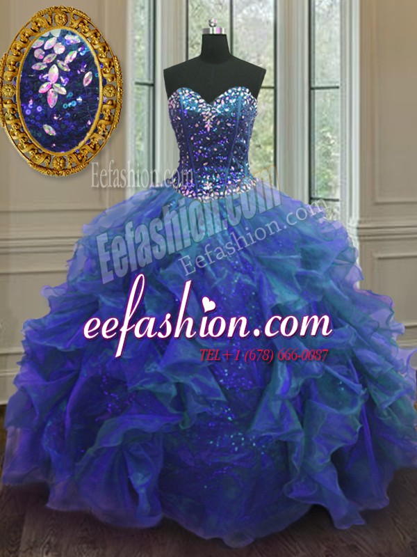  Sweetheart Sleeveless Lace Up Vestidos de Quinceanera Blue Organza and Sequined
