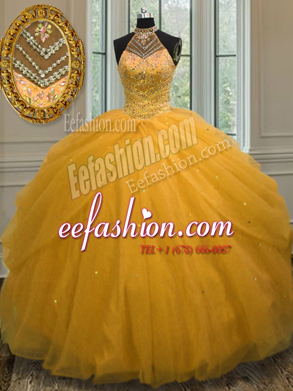  Gold Halter Top Lace Up Beading 15th Birthday Dress Sleeveless