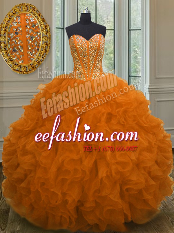 Fantastic Orange Red Sleeveless Floor Length Beading and Ruffles Lace Up Sweet 16 Dress