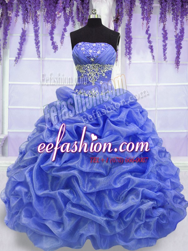 Hot Selling Blue Sleeveless Beading and Pick Ups Floor Length 15 Quinceanera Dress