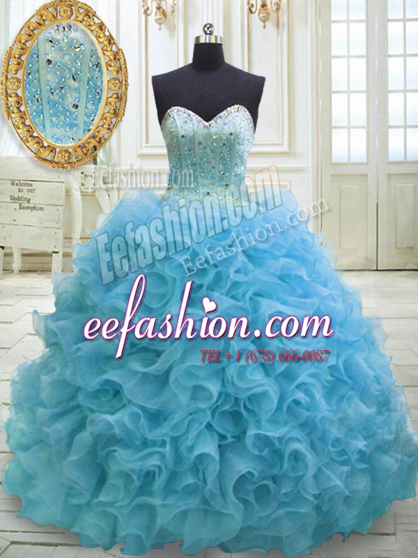  Sequins Sweetheart Sleeveless Sweep Train Lace Up 15th Birthday Dress Baby Blue Organza