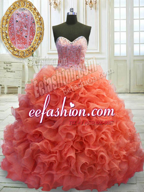 Fashionable Sweetheart Sleeveless Organza Quinceanera Dress Beading and Ruffles Sweep Train Lace Up