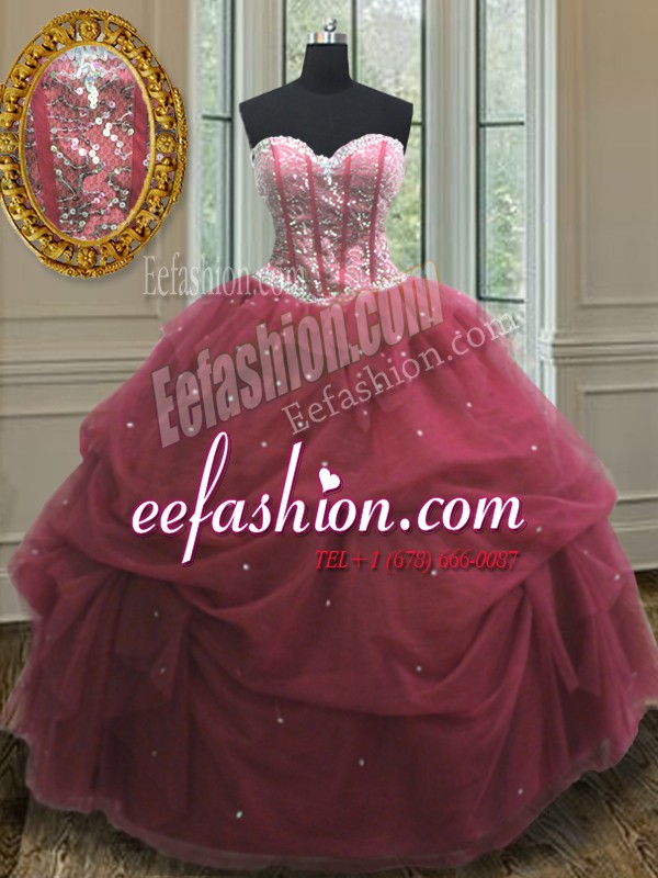  Burgundy Organza Lace Up Quinceanera Dress Sleeveless Floor Length Sequins and Pick Ups