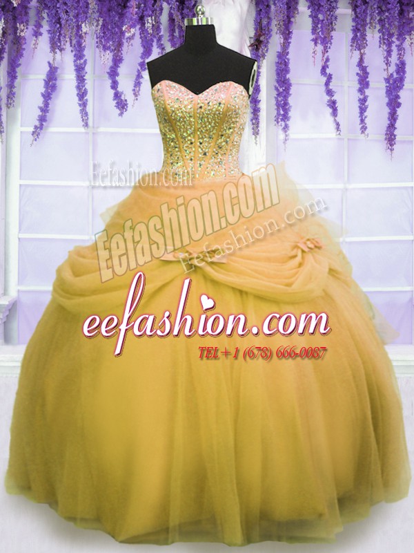  Gold Sleeveless Beading and Bowknot Floor Length Quinceanera Gown
