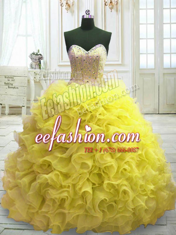 Best Selling Yellow Ball Gowns Organza Sweetheart Sleeveless Beading and Ruffles Lace Up Sweet 16 Dress Sweep Train