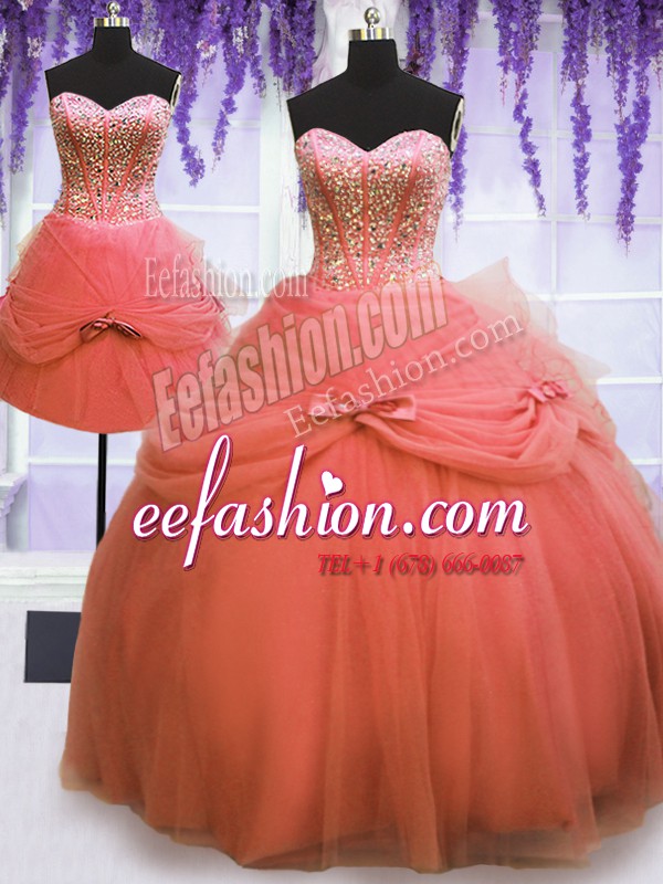  Three Piece Watermelon Red Ball Gowns Sweetheart Sleeveless Tulle Floor Length Lace Up Beading and Bowknot Sweet 16 Dress