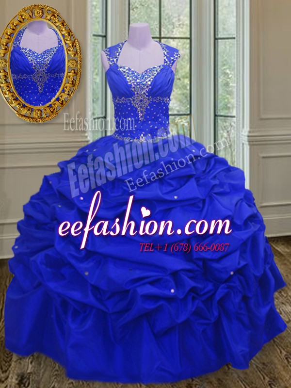 High Class Pick Ups Floor Length Royal Blue Quinceanera Gowns Straps Sleeveless Lace Up