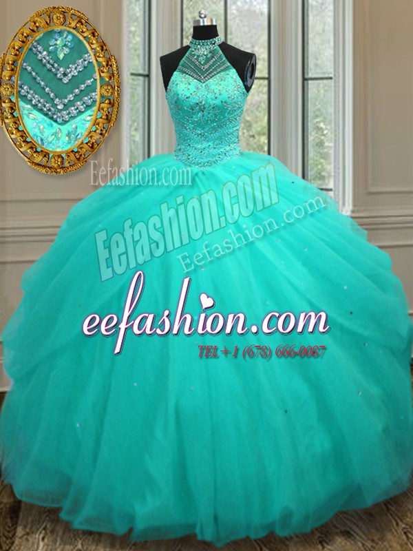 Great Halter Top Sleeveless Lace Up Floor Length Beading 15 Quinceanera Dress