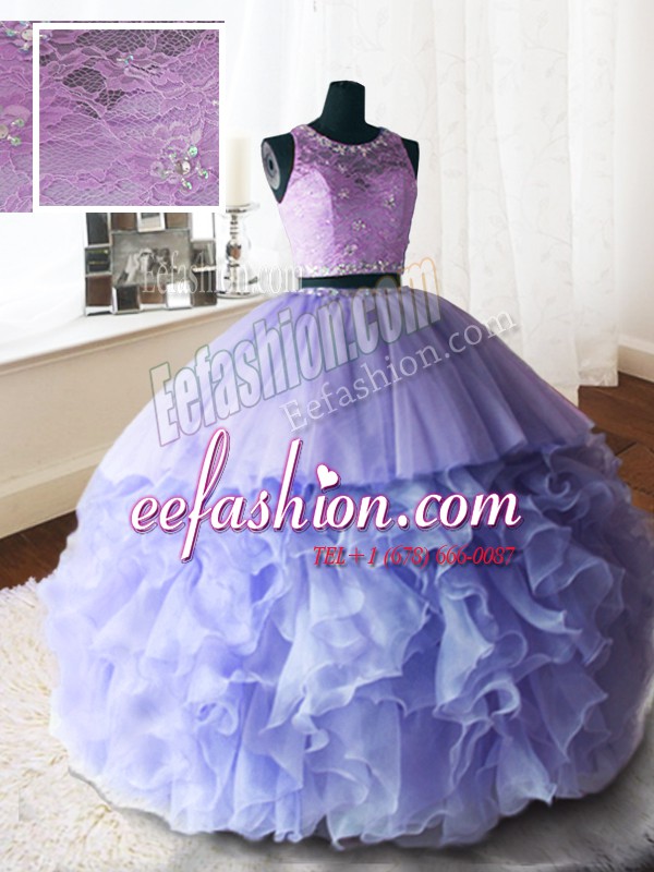 Stylish Scoop Organza and Tulle and Lace Sleeveless With Train 15 Quinceanera Dress Brush Train and Beading and Lace and Ruffles