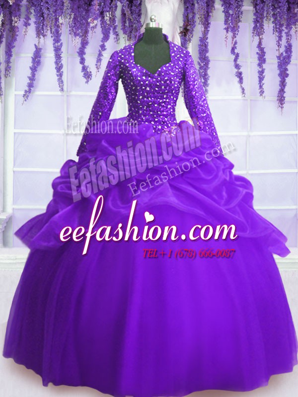  Purple Organza Zipper V-neck Long Sleeves Floor Length Sweet 16 Quinceanera Dress Sequins and Pick Ups
