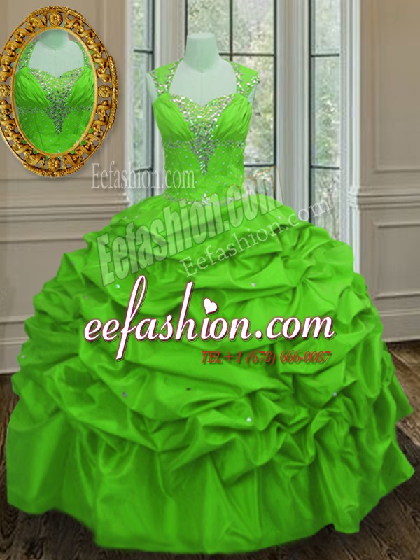 Glamorous Ball Gowns Taffeta Straps Cap Sleeves Beading and Pick Ups Floor Length Lace Up 15 Quinceanera Dress
