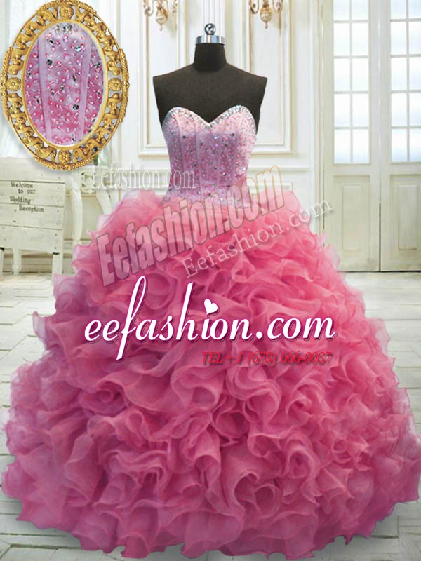 Sweetheart Sleeveless Sweep Train Lace Up Quinceanera Dress Rose Pink Organza