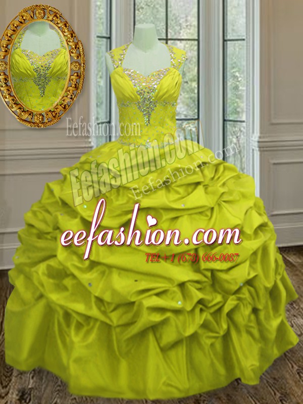 Trendy Straps Sleeveless Taffeta Floor Length Lace Up Quince Ball Gowns in Yellow Green with Beading and Pick Ups