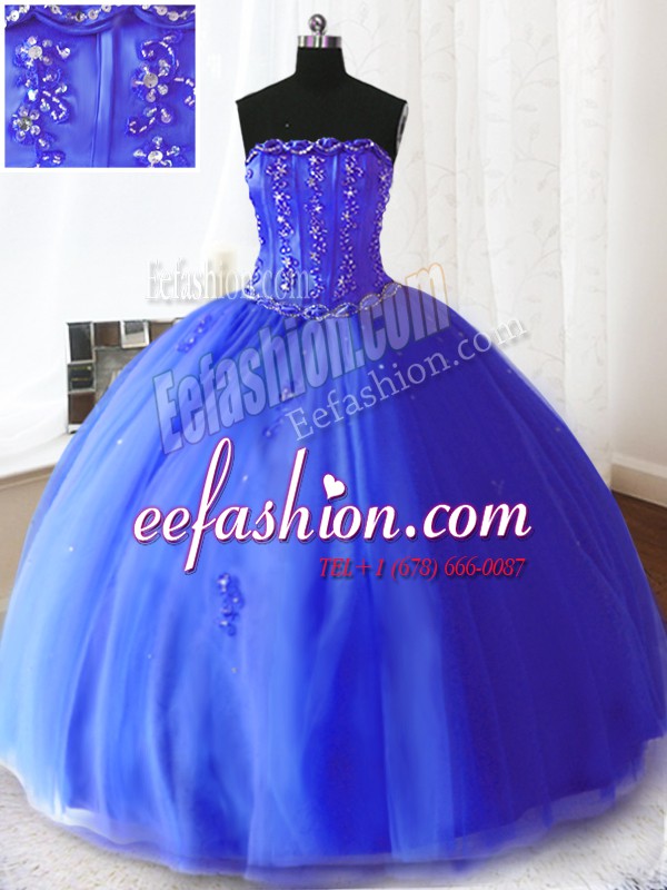 Gorgeous Strapless Sleeveless Lace Up Sweet 16 Quinceanera Dress Royal Blue Tulle