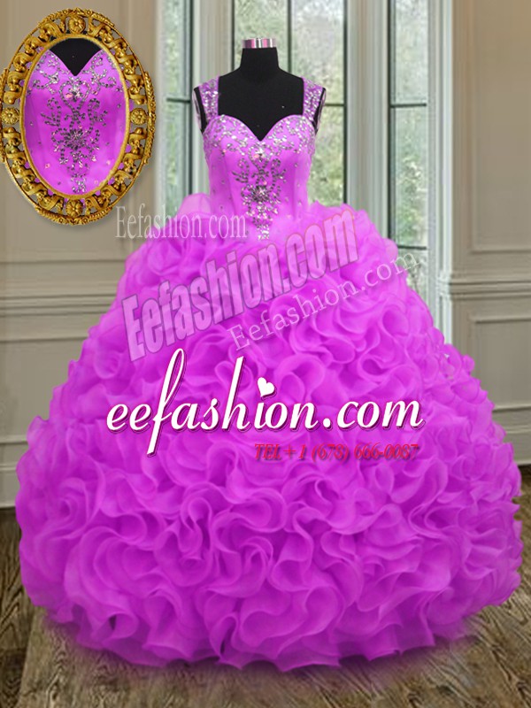 Clearance Straps Sleeveless Organza Floor Length Lace Up Ball Gown Prom Dress in Fuchsia with Beading and Ruffles
