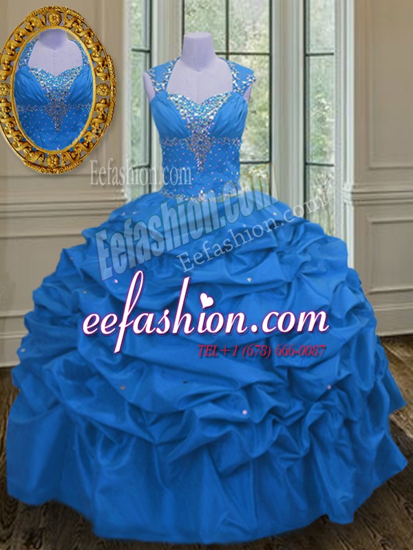 Shining Straps Blue Ball Gowns Beading and Pick Ups Vestidos de Quinceanera Lace Up Taffeta Sleeveless Floor Length