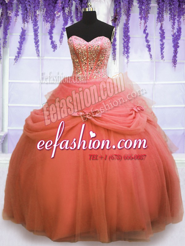 Adorable Watermelon Red Sleeveless Beading and Bowknot Floor Length Quinceanera Dresses