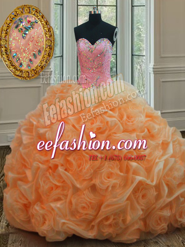  Orange Ball Gowns Beading Quinceanera Dress Lace Up Organza Sleeveless Floor Length