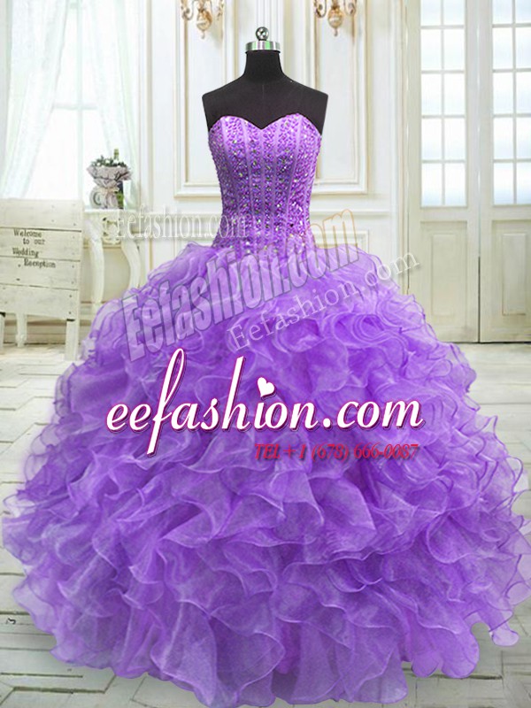 Simple Lavender Ball Gowns Beading and Ruffles Vestidos de Quinceanera Lace Up Organza Sleeveless Floor Length