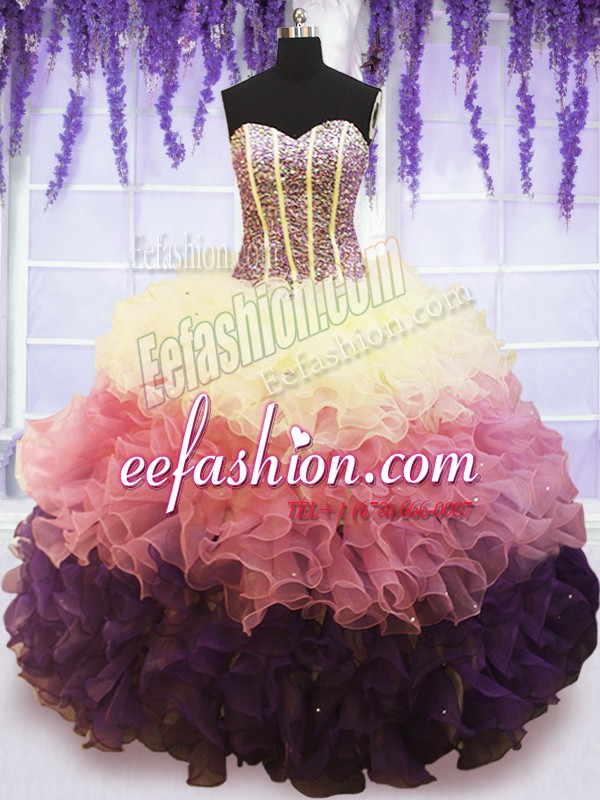  Beading and Ruffles and Ruffled Layers Sweet 16 Quinceanera Dress Multi-color Lace Up Sleeveless Floor Length