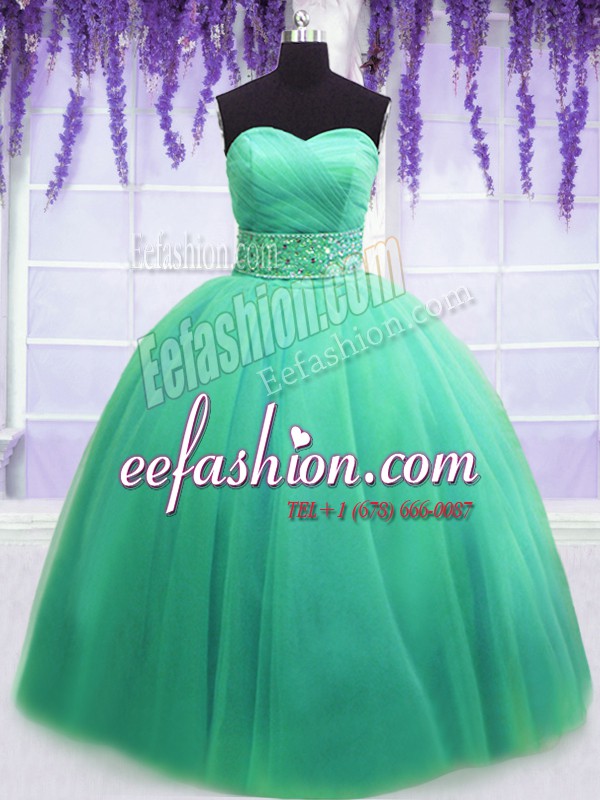 Latest Turquoise Lace Up Quinceanera Gown Beading and Belt Sleeveless Floor Length
