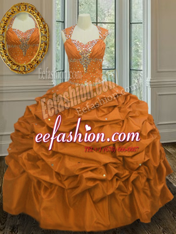  Orange Ball Gown Prom Dress Military Ball and Sweet 16 and Quinceanera and For with Beading and Pick Ups Straps Sleeveless Lace Up