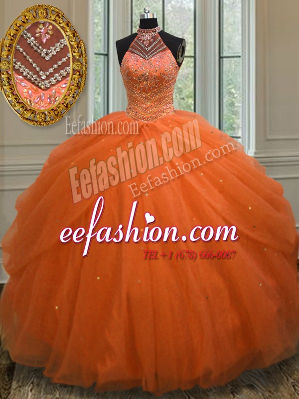 Super Halter Top Orange Red Ball Gowns Beading 15th Birthday Dress Lace Up Tulle Sleeveless Floor Length