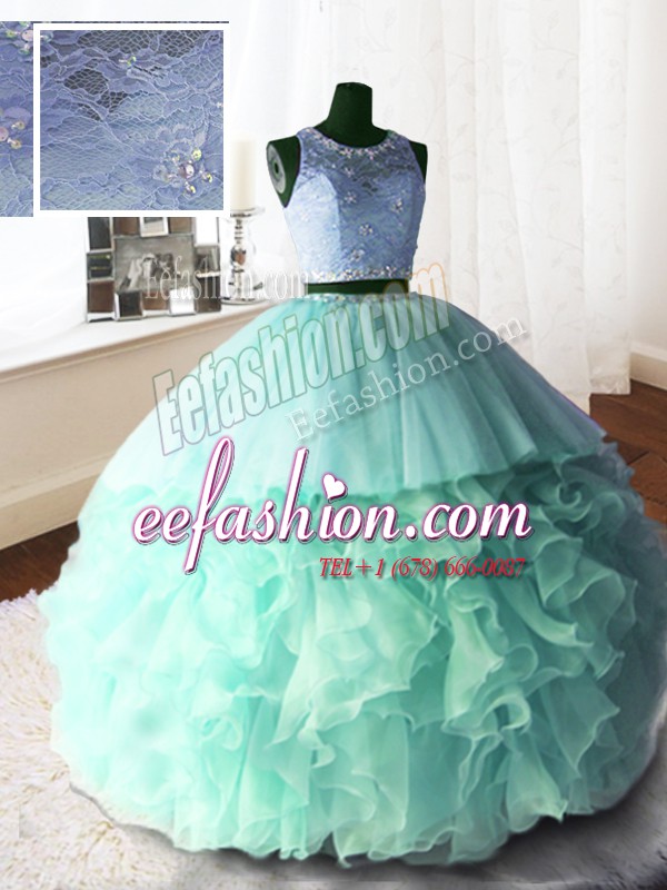 Super Apple Green Scoop Neckline Beading and Lace and Ruffles Ball Gown Prom Dress Sleeveless Zipper