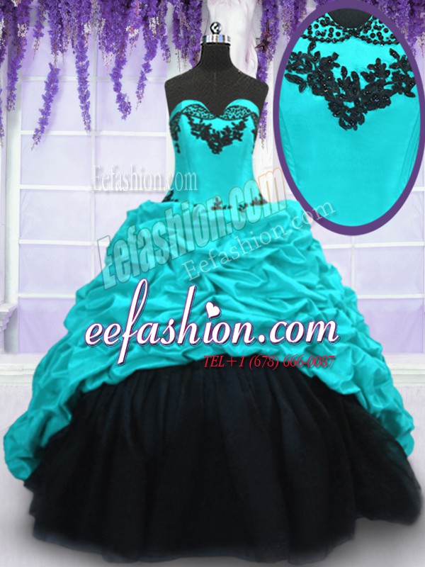 Comfortable Appliques and Pick Ups Quinceanera Gown Aqua Blue Lace Up Sleeveless With Train Sweep Train