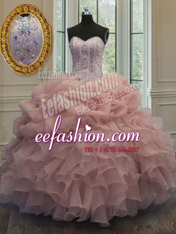 Fashion Baby Pink Ball Gowns Beading and Pick Ups Ball Gown Prom Dress Lace Up Organza Sleeveless Floor Length