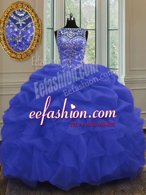 Perfect Scoop Pick Ups Blue Sleeveless Organza Lace Up Ball Gown Prom Dress for Military Ball and Sweet 16 and Quinceanera