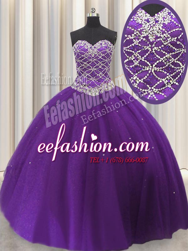 Pretty Eggplant Purple Sweetheart Lace Up Beading and Sequins Sweet 16 Dress Sleeveless