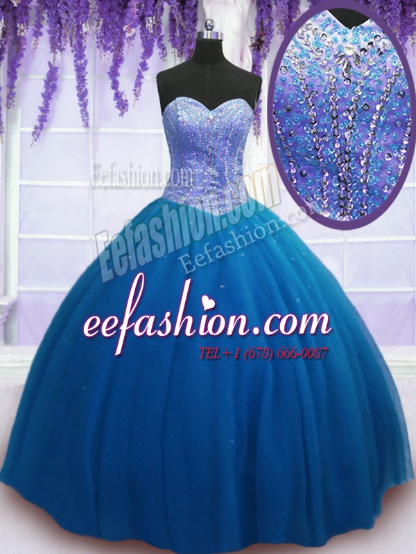 Deluxe Floor Length Lace Up 15th Birthday Dress Teal for Military Ball and Sweet 16 and Quinceanera with Beading