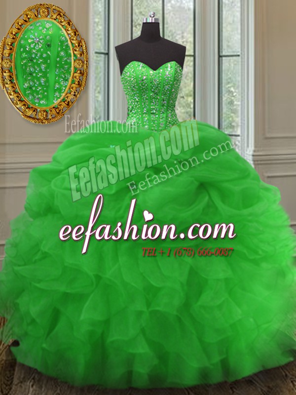 Green Sweetheart Lace Up Beading and Ruffles and Pick Ups Sweet 16 Dresses Sleeveless