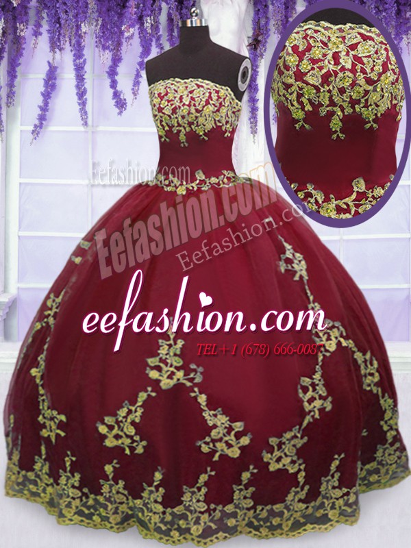 High End Ball Gowns Quinceanera Gowns Red Strapless Tulle Sleeveless Floor Length Zipper