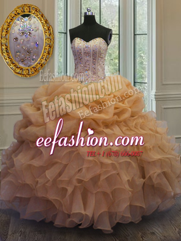 Exceptional Beading and Pick Ups Sweet 16 Quinceanera Dress Gold Lace Up Sleeveless Floor Length
