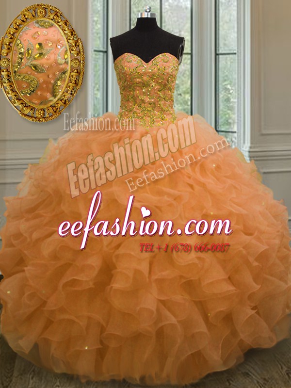 Luxurious Orange Sleeveless Organza Lace Up Sweet 16 Quinceanera Dress for Military Ball and Sweet 16 and Quinceanera