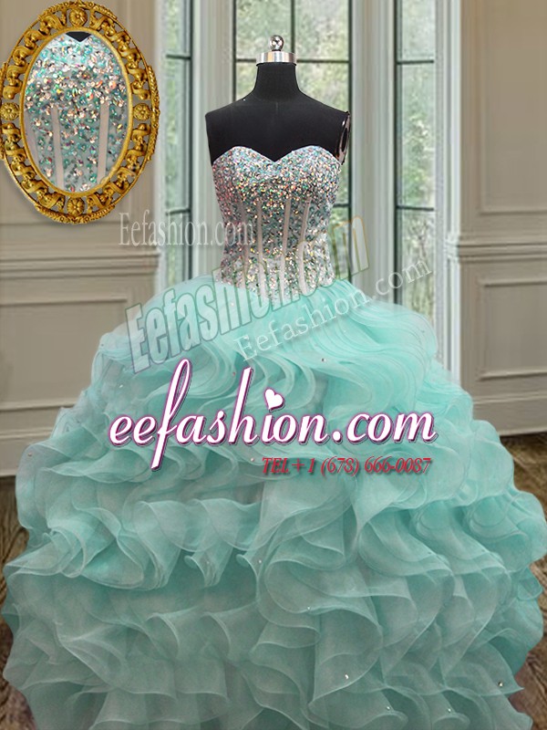 Popular Organza Sweetheart Sleeveless Lace Up Beading and Ruffles Quinceanera Gowns in Apple Green