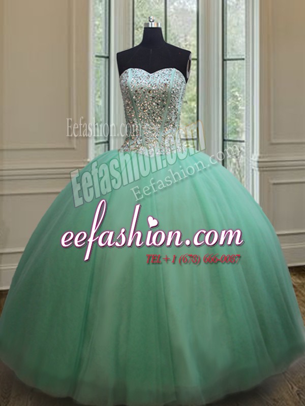 Flare Apple Green Lace Up Sweetheart Beading Vestidos de Quinceanera Tulle Sleeveless