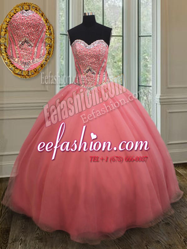 Chic Watermelon Red Sweetheart Lace Up Beading and Belt Quinceanera Dress Sleeveless