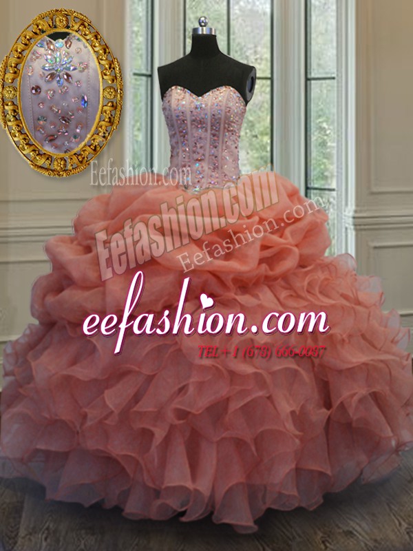 New Arrival Orange Red Sleeveless Floor Length Beading and Pick Ups Lace Up Quinceanera Dress