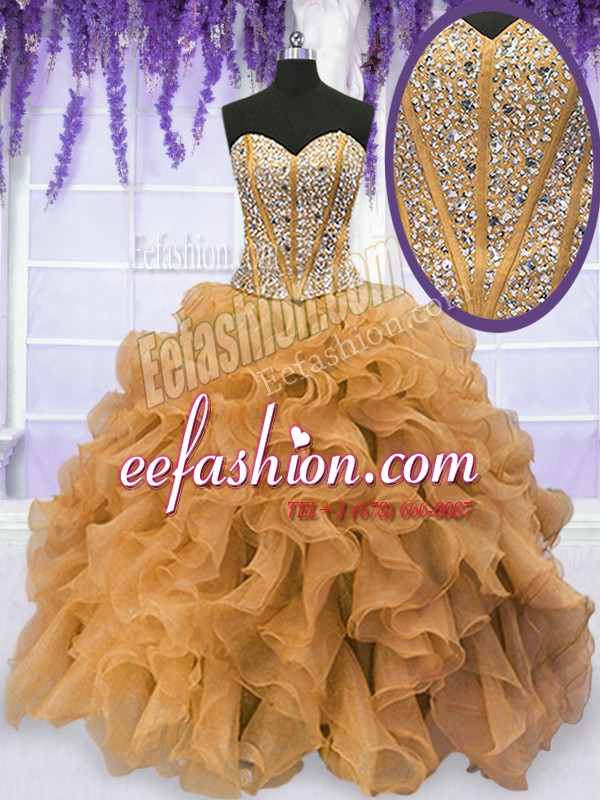Custom Made Gold Organza Lace Up Sweetheart Sleeveless Floor Length Quinceanera Dress Beading and Ruffles