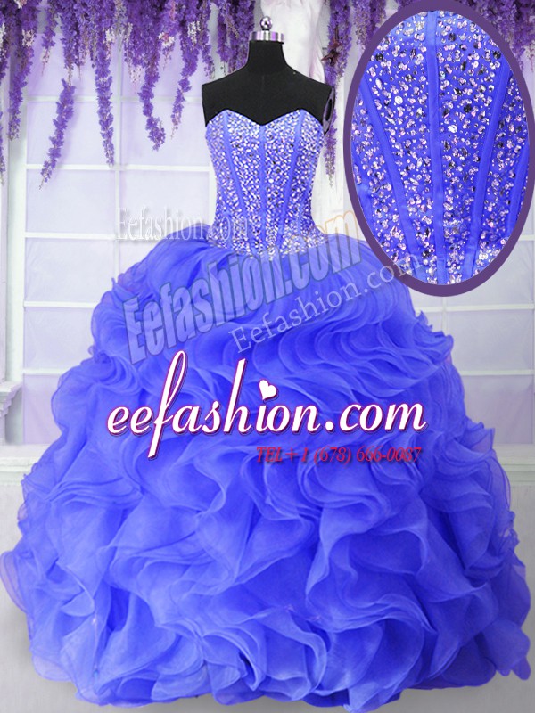  Ball Gowns 15th Birthday Dress Blue Sweetheart Organza Sleeveless Floor Length Lace Up