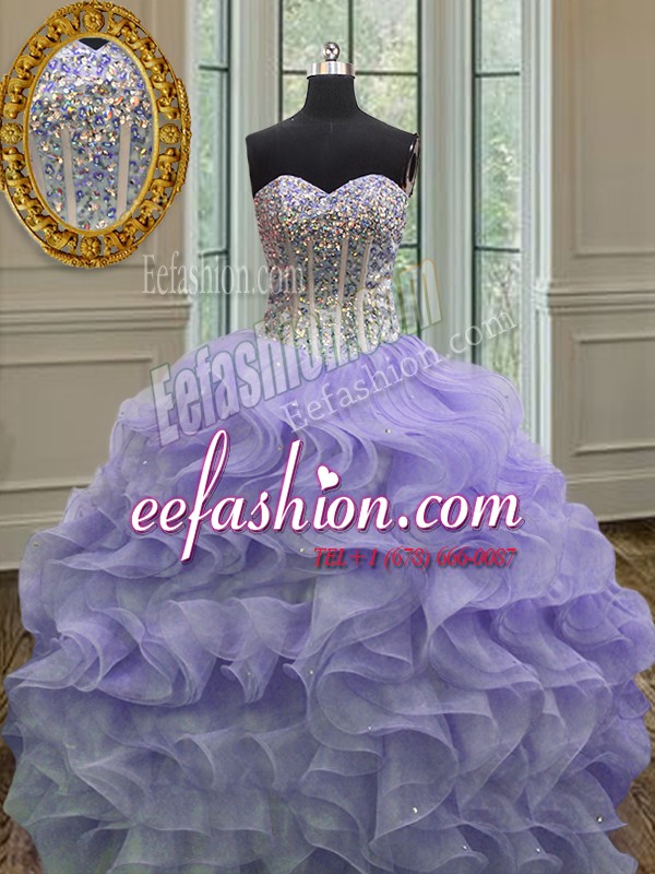 Flare Lavender Quinceanera Gowns Military Ball and Sweet 16 and Quinceanera and For with Beading and Ruffles Sweetheart Sleeveless Lace Up