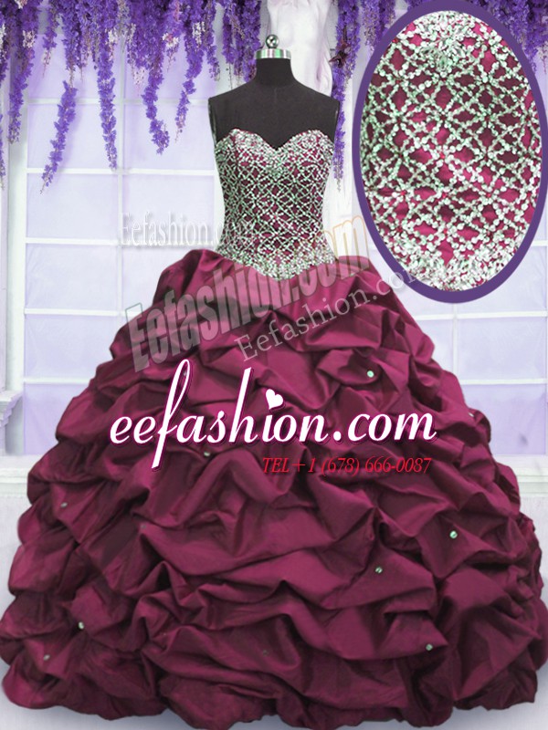 Best Burgundy Ball Gowns Sweetheart Sleeveless Taffeta Floor Length Lace Up Beading and Sequins and Pick Ups 15 Quinceanera Dress
