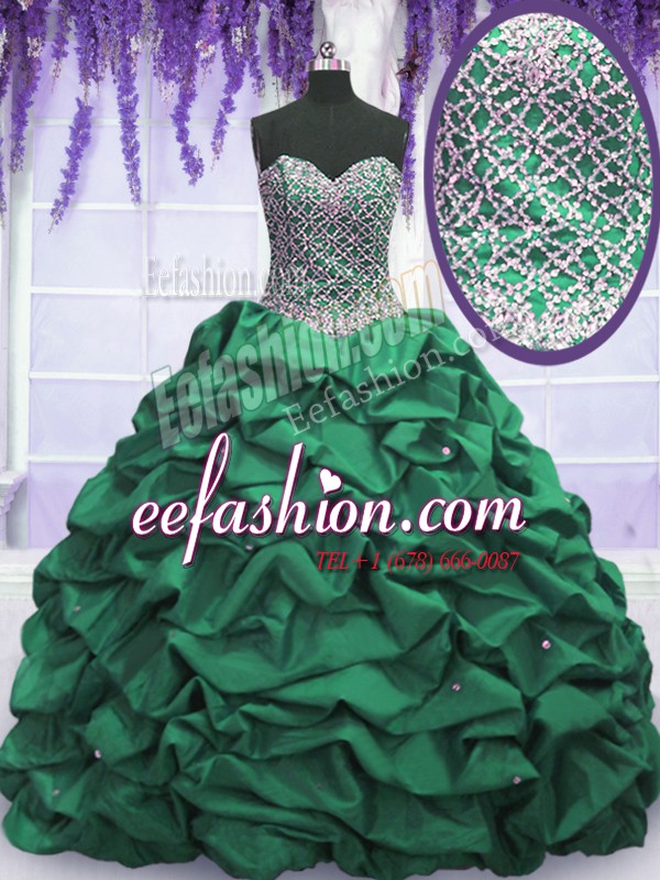 Charming Floor Length Dark Green 15th Birthday Dress Taffeta Sleeveless Beading and Sequins and Pick Ups