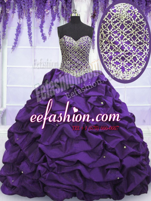 Customized Sweetheart Sleeveless 15 Quinceanera Dress Floor Length Beading and Sequins and Pick Ups Eggplant Purple Taffeta