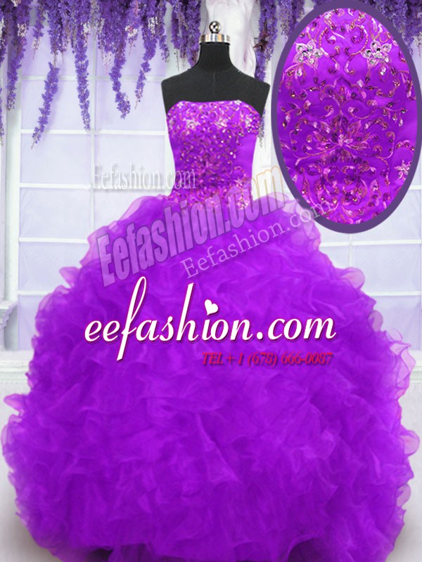  Eggplant Purple Ball Gowns Beading and Appliques and Ruffles Vestidos de Quinceanera Lace Up Organza Sleeveless With Train