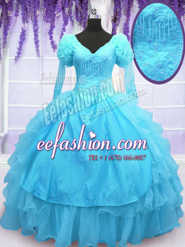  Floor Length Baby Blue Quinceanera Gown Organza Long Sleeves Embroidery