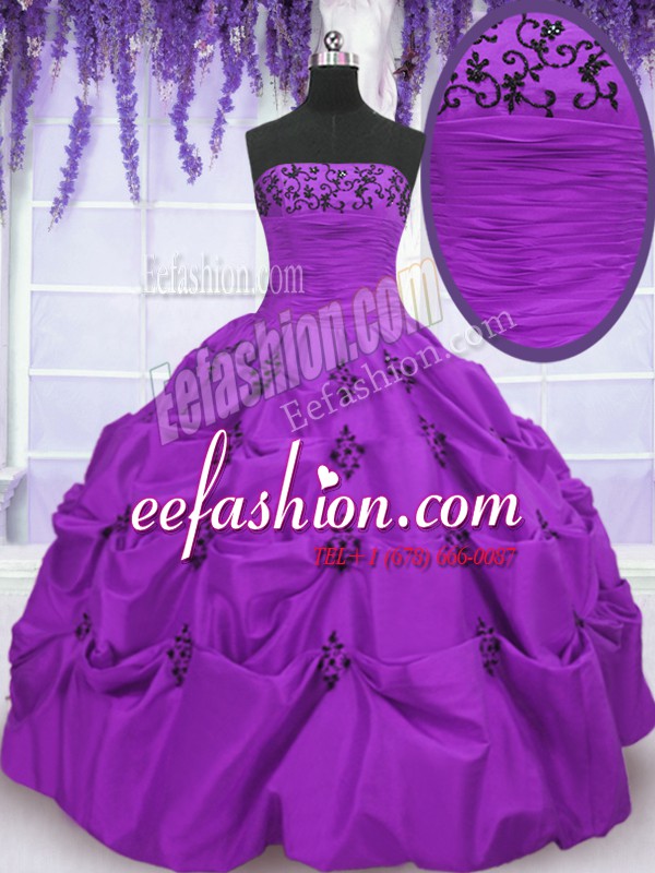  Eggplant Purple Lace Up Strapless Embroidery and Pick Ups Vestidos de Quinceanera Taffeta Sleeveless